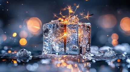   An ice cube adorned with a sparkler at its core, surrounded by a cluster of glistening ice cubes and twinkling lights
