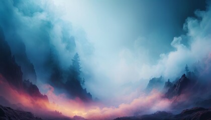 Fototapeta premium A digital artwork depicting a serene sunrise amidst towering misty mountains and ethereal clouds, conveying a sense of tranquility and awe. AI Generation