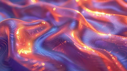 Foto op Plexiglas   A photo of ripples in blue, orange, and pink shades, with a hazy depiction of waves in red, blue, orange, purple, and pink, overlaid on © Shanti