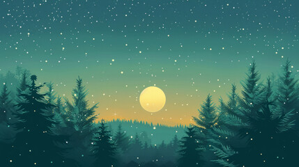 Serene landscape of a forest silhouetted against a night sky with stars and a glowing full moon, evoking a feeling of quietness