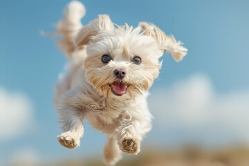 Adorable fluffy white dog jumping and running joyfully in outdoor park field with bright blue sky - Powered by Adobe