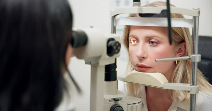 Ophthalmology, woman and machine with laser for eye exam with vision test, consultation and slit lamp at optometrist. Patient, optical tool and glaucoma check for eyesight correction or retina health