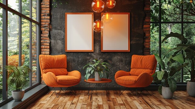   Two orange chairs in a room, a table with a potted plant and framed pictures adorn the walls