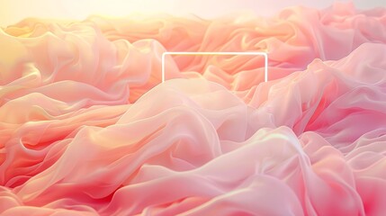   A white square frame sits atop a mound of pink and white fabric atop a bed of pink and white sheets