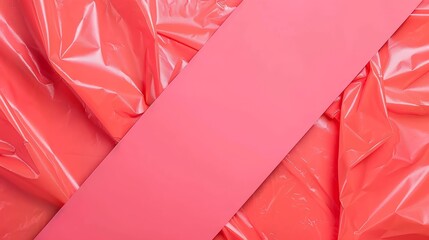   A pink ribbon resting atop a stack of glossy pink plastic sheets, concealing a sheet of pink plastic beneath - obrazy, fototapety, plakaty