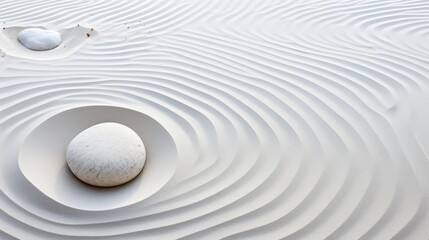 Zen garden stones on white sand with pattern 