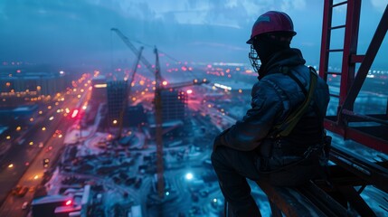 Construction Worker at Twilight Overlooking City