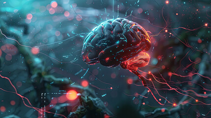 Development idea concept in the form of a glowing brain in neon rays