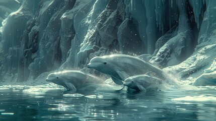 A family of beluga whales swimming among ice floes.