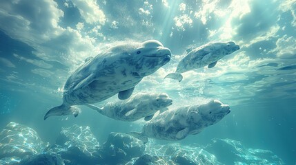A family of beluga whales swimming among ice floes. - obrazy, fototapety, plakaty