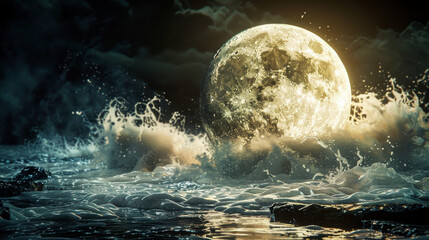 The moon emerging from the water, magic dreamy atmospheric composition