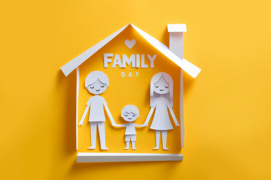 Family day concept. Paper cut of happy family with home on yellow background. Celebrating International Family Day on May 15.