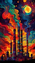 Vibrant Psychedelic Landscape Depicting Sustainable Industrial Revolution