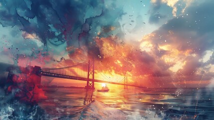 The sun is barely shining, The Bridge collapsed. One of the support pillars was hit by a container ship. - obrazy, fototapety, plakaty