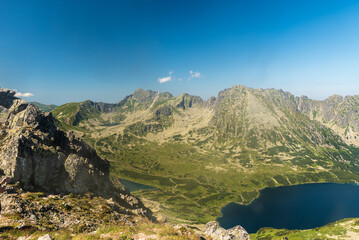 Dolina Pieciu Stawow Polskich with lakes and peaks above from Szpiglasowy Wierch in High Tatras mountains in Poland © honza28683