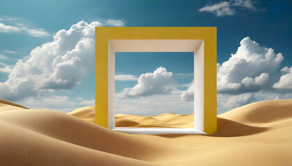 In a sandy desert, a large yellow frame stands vertically with a smaller white frame inside, forming a visual portal to a clear blue sky with fluffy clouds. AI generated. - obrazy, fototapety, plakaty