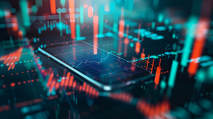 financial graph and technology element on mobile phone 3d rendering represent graph line and mobile Financial Investment - obrazy, fototapety, plakaty