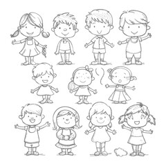 well hand drawing cute kids set doodle style illustration black color only