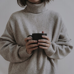 Beautiful young woman wearing soft tan grey knitted sweater holds mug of hot tea or coffee. Aesthetic fashion vogue concept - 778767186