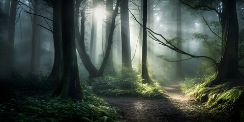 Enchanted Forest Path in Misty Morning Light