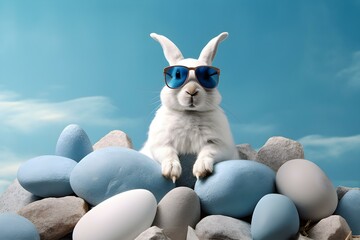 Cool Rabbit with Sunglasses Amongst Easter Eggs