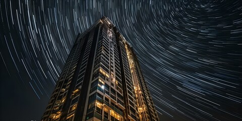 Skyscraper Against the Night Sky with Star Trails