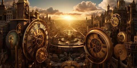 Sunset Over a Steampunk Cityscape with Gears and Clocks