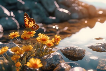 Butterfly on Yellow Blooms by the Water's Edge