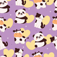 seamless pattern cartoon panda, cat and cow. cute animal wallpaper for textile, gift wrap paper
