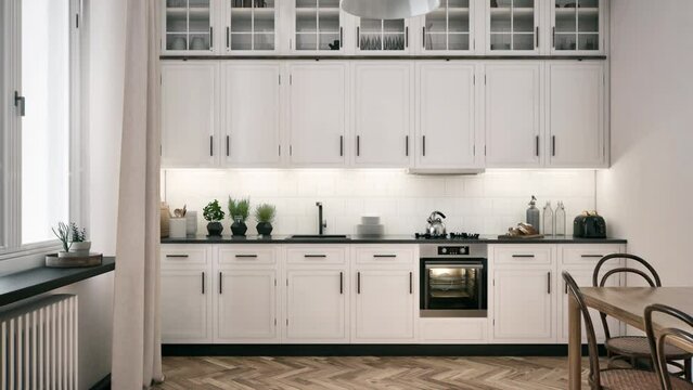 Bright large kitchen interior design, closeup on many kitchen appliances.