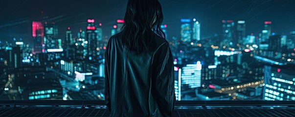 Bathed in the gentle glow of city lights, a woman stands on a balcony, taking in the mesmerizing nocturnal vista spread out before her. - obrazy, fototapety, plakaty