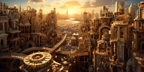 Sunset Over a Steampunk Cityscape with Gears and Clocks