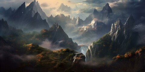 Mystical Autumn Mountainscape with Waterfall and Fog