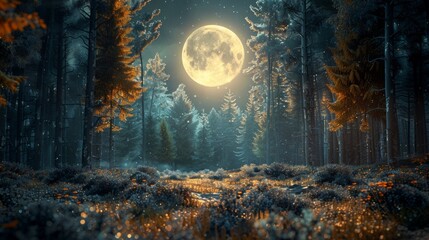 The moon and the quiet forest - obrazy, fototapety, plakaty