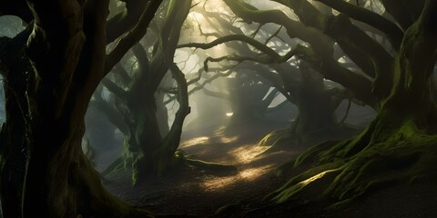Enchanted Forest Path with Sunlight Peering Through Trees