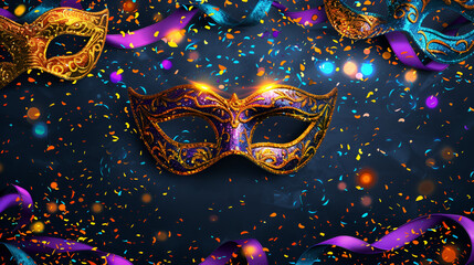 Mardi Gras party invitation with masks and confetti. copy space. generative ai 