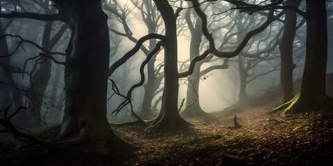 Mystical Dawn in an Enchanted Foggy Forest