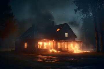 Mystic House Engulfed in Flames at Night