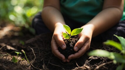 Child's Hands Tenderly Embrace Young Sapling in Sunlight