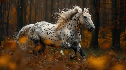 A dappled gray Andalusian horse strides confidently through the forest. Photo of a running horse.