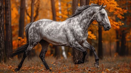 Naklejka na ściany i meble A dappled gray Andalusian horse strides confidently through the forest. Photo of a running horse.