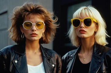 Obraz premium Girls in sunglasses and leather jackets against the backdrop of the city.