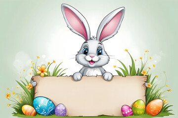 Easter bunny with Easter eggs. Congratulations and gifts for Easter in flat style.