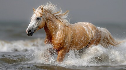 A palomino Mustang horse races freely across the river. Photo of a running horse. - obrazy, fototapety, plakaty