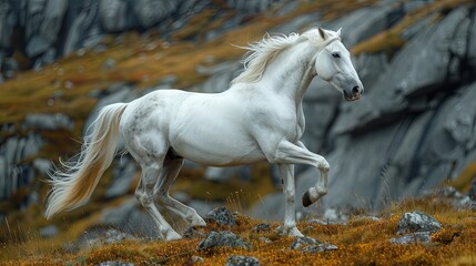 A regal white Arabian horse charges gracefully across the rugged terrain. Photo of a running horse.