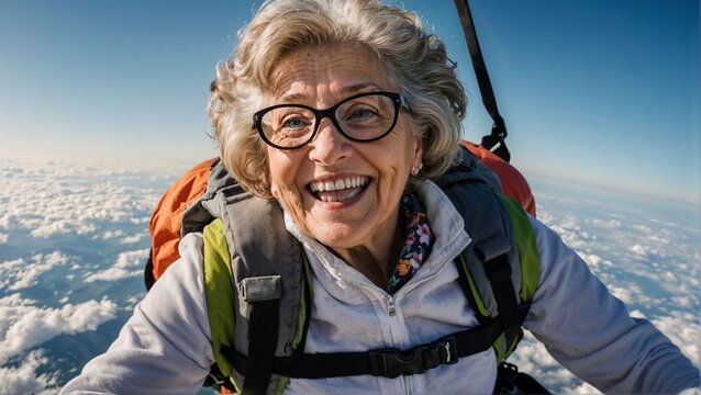 Senior white woman with gray hair is fearless and fun parasailing. Extreme sports concept. Close up