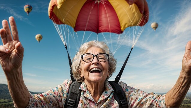 Senior white woman with gray hair is fearless and fun parasailing. Extreme sports concept. Close up