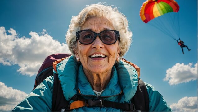 Senior white woman with gray hair is fearless and fun parasailing. Extreme sports concept. Close up