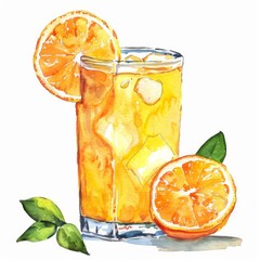 Freshly squeezed orange juice, summer refreshment, watercolor clipart on white background