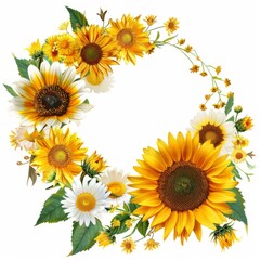 Half wreath of sunflowers and daisies, bright and cheerful, on white background